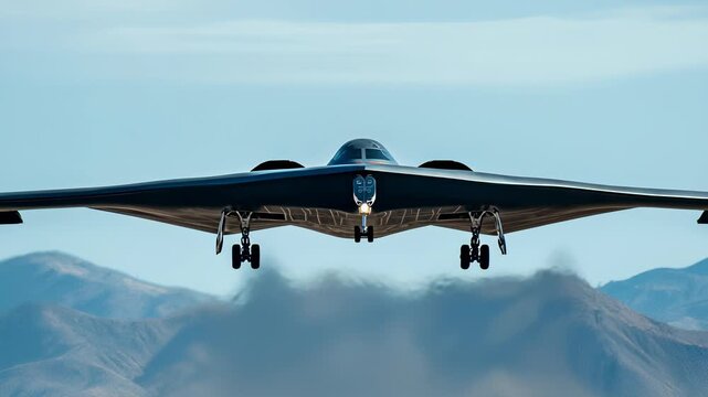 Front View of B-2 Spirit Stealth Bomber Landing Gear Deployed Against Desert Mountain Backdrop and Clear Blue Sky