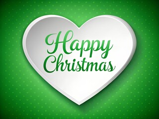 Festive white heart shaped card with happy christmas greeting on green background