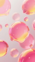 Floating translucent pink and yellow liquid droplets with reflective surfaces