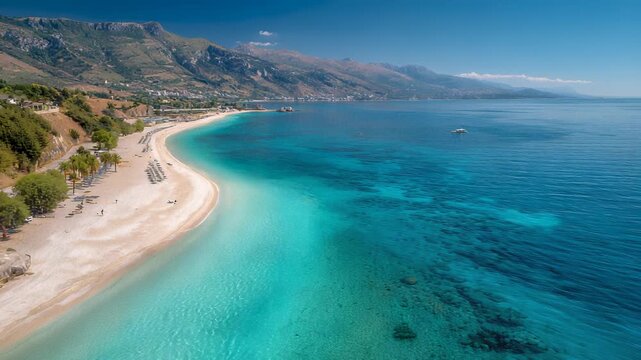 Aerial View of Drymades Beach, Albania: Turquoise Waters, Sandy Shoreline, Mountains, and Coastal Scenery on a Sunny Summer Day