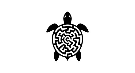 Stylized black sea turtle with a circular maze shell design.