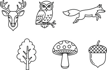 Forest wildlife and nature icons | deer, owl, fox, tree, mushroom and acorn symbols | woodland outline vector illustration.