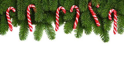 Christmas candy canes hanging from a green spruce branch with a festive vibe. The scene evokes the joyous spirit of the holiday season