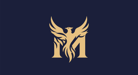 Elegant golden phoenix bird integrated with the letter M logo design.