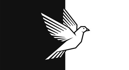 Stylized geometric white line art of a flying dove.