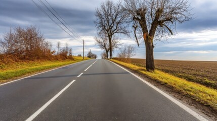 Fototapeta premium An empty smooth asphalt road stretches into the distance with grass covered shoulders on both sides,