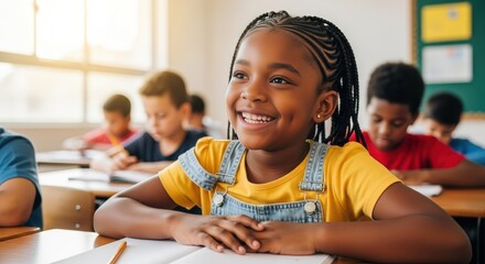 Happy african american schoolgirl sitting at desk in classroom with classmates