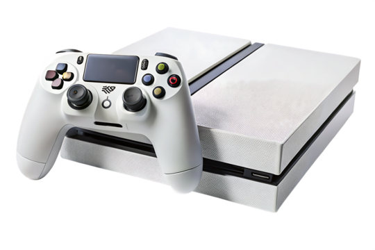 White Gaming Console and Controller on Black Background Keywords: gaming, console, controller