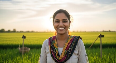 Smiling woman in vibrant field at sunset.