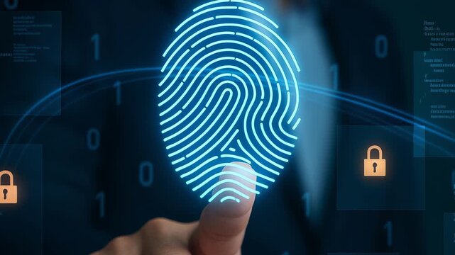 Businessman scanning fingerprint on digital screen with padlock icons, symbolizing cybersecurity, biometric authentication, data protection, identity verification - Powered by Adobe