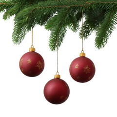 Festive Christmas ornaments hanging from a branch, creating a joyous holiday scene. The red ornaments are adorned with delicate golden snowflakes