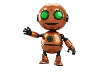 Isolated cute copper-colored robot character with green eyes, raising a hand in a friendly gesture