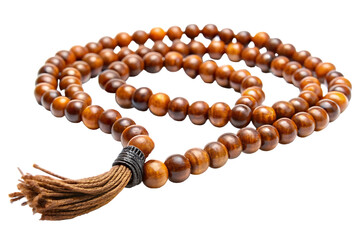 Wooden prayer beads with brown tassel on black background