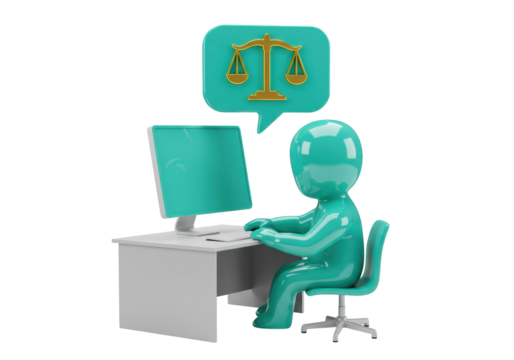 Isolated person typing at desk with scales of justice in chat bubble, legal advice online
