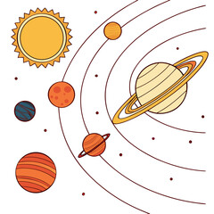 Illustration of the solar system with the sun and planets orbiting around it, the planets are depicted in a cartoon style with different colors © dog