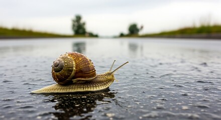 Snail on Wet Road After Rain.