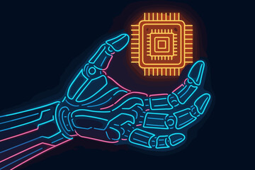 Futuristic robotic hand holding a microchip in neon colors