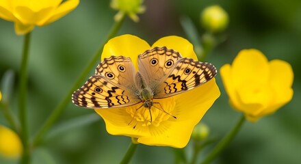 Painted Lady Butterfly on Bright Yellow Buttercup Flower in Green Meadow.