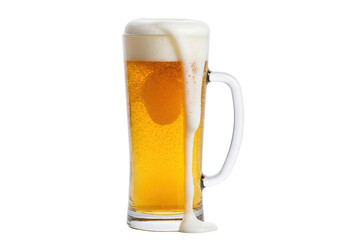 Isolated glass of refreshing beer with foam overflowing down the side of the stein