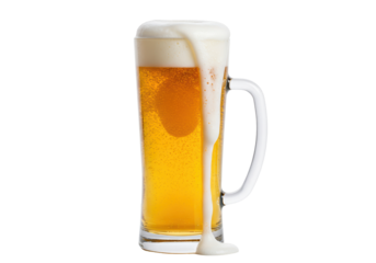 Isolated glass of refreshing beer with foam overflowing down the side of the stein