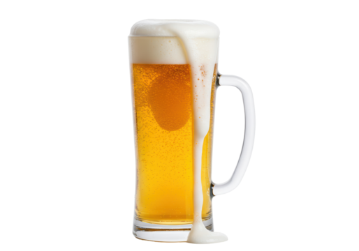 Isolated glass of refreshing beer with foam overflowing down the side of the stein