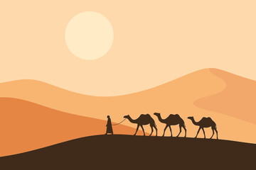 Silhouette of a person walking with camels in a desert at sunset