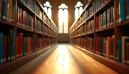 Fototapeta premium Classic Library Aisle with Bookshelves and Sunlight through Arched Windows