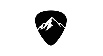 Monochrome logo of a mountain range inside a guitar pick.