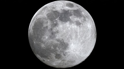 A high resolution depiction of a full moon against black background showcasing micrometeorite craters with dark centers 