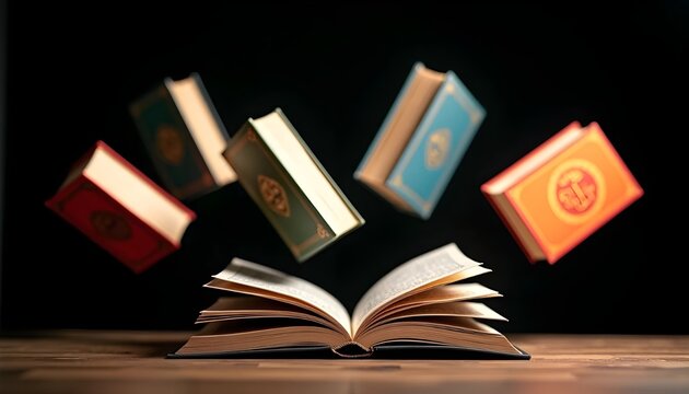 Open book with floating holy texts symbolizing knowledge and spirituality