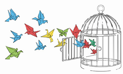 Origami Freedom
Vector illustration of an open birdcage with origami paper birds flying out, minimal clean design, isolated on white background.