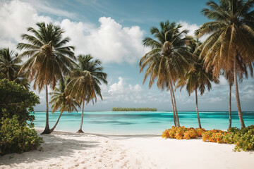 Awesome tropical Maldives island, white sandy beach and sea with palms tree around