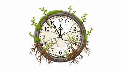 Time Roots
Flat vector of an old round clock stopped, with roots and small plants growing around and through it, symbolic, white background.generative ai