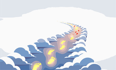 Cloud Path
Minimal flat vector of a winding cloud path with glowing footsteps leading to a bright horizon, isolated on white background.generative ai