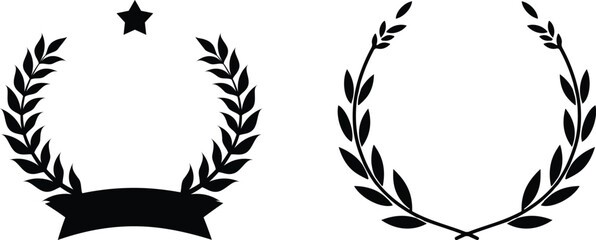Laurel wreath vector set, black silhouette award wreath, victory crown, honor badge, champion symbol, achievement emblem, classic laurel branch design.