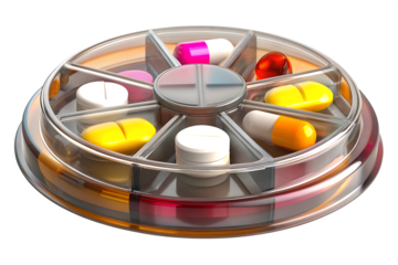 pill organizer with medications 3d rendered isolated on white background, png, ai generated