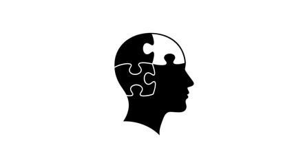 Human head silhouette with jigsaw puzzle pieces representing thought.