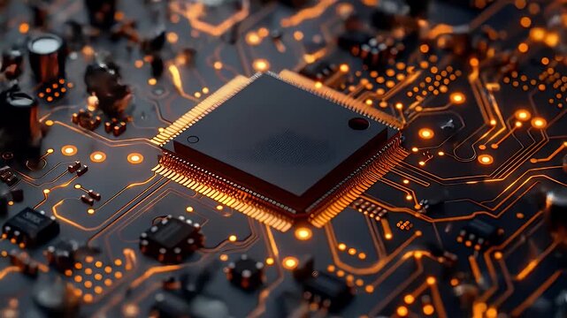 Black Central Processing Unit on Circuit Board with Orange Light Trails