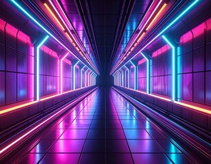 A futuristic neon-lit corridor with glowing blue and pink lights reflecting on a polished floor.