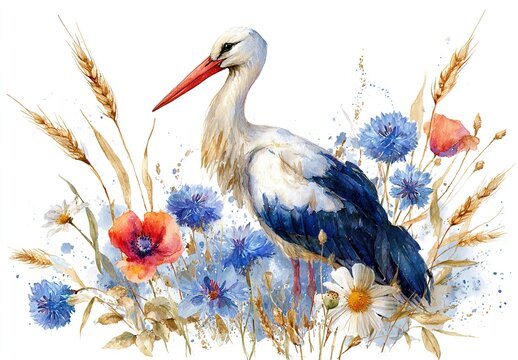 Watercolor stork bird and wildflowers with poppy, cornflower chamomile, rye and wheat spikelets . Wedding and baby shower invitation. High quality