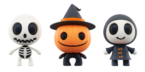 3d skull and pumpkin halloween heads on transparent background
