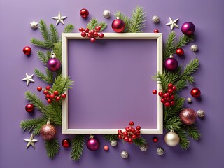 Square christmas frame with ornaments and pine branches on purple background