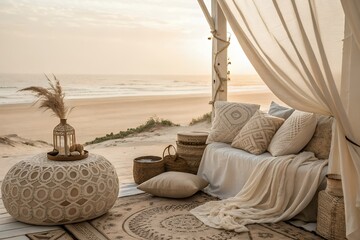 Bohemian beach tent with comfortable seating and ocean view