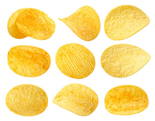 A variety of potato chips isolated on white background are a popular snack for parties and gatherings