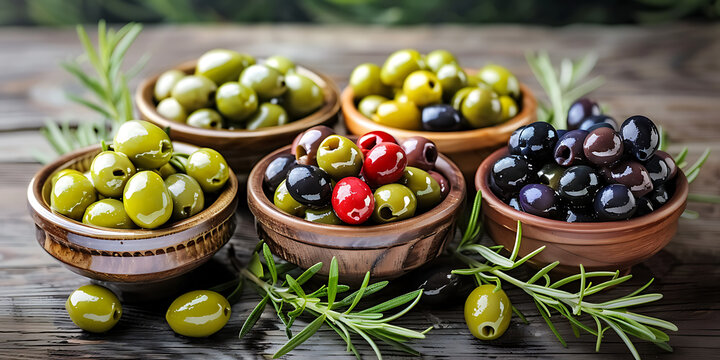 Assorted olives in bowls on rustic wooden table top