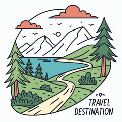 A picturesque travel destination featuring a winding road leading to a serene lake surrounded by mountains and lush greenery, with birds flying above and clouds in the sky