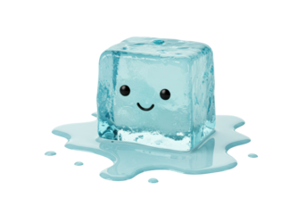 Isolated single ice cube with a cute happy cartoon face melting into a small puddle