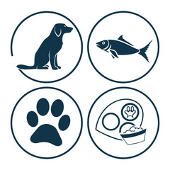 Collection of pet icons, featuring a dog, cat paw print, fish, bird, and pet food bowl, perfect for petrelated designs and branding