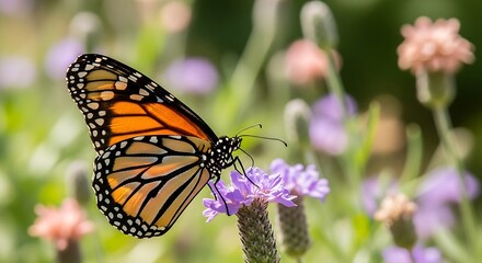 Monarch Butterfly on Lavender Flower in a Garden.