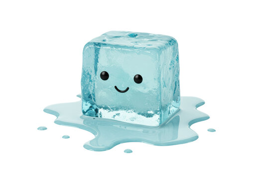 Isolated single ice cube with a cute happy cartoon face melting into a small puddle